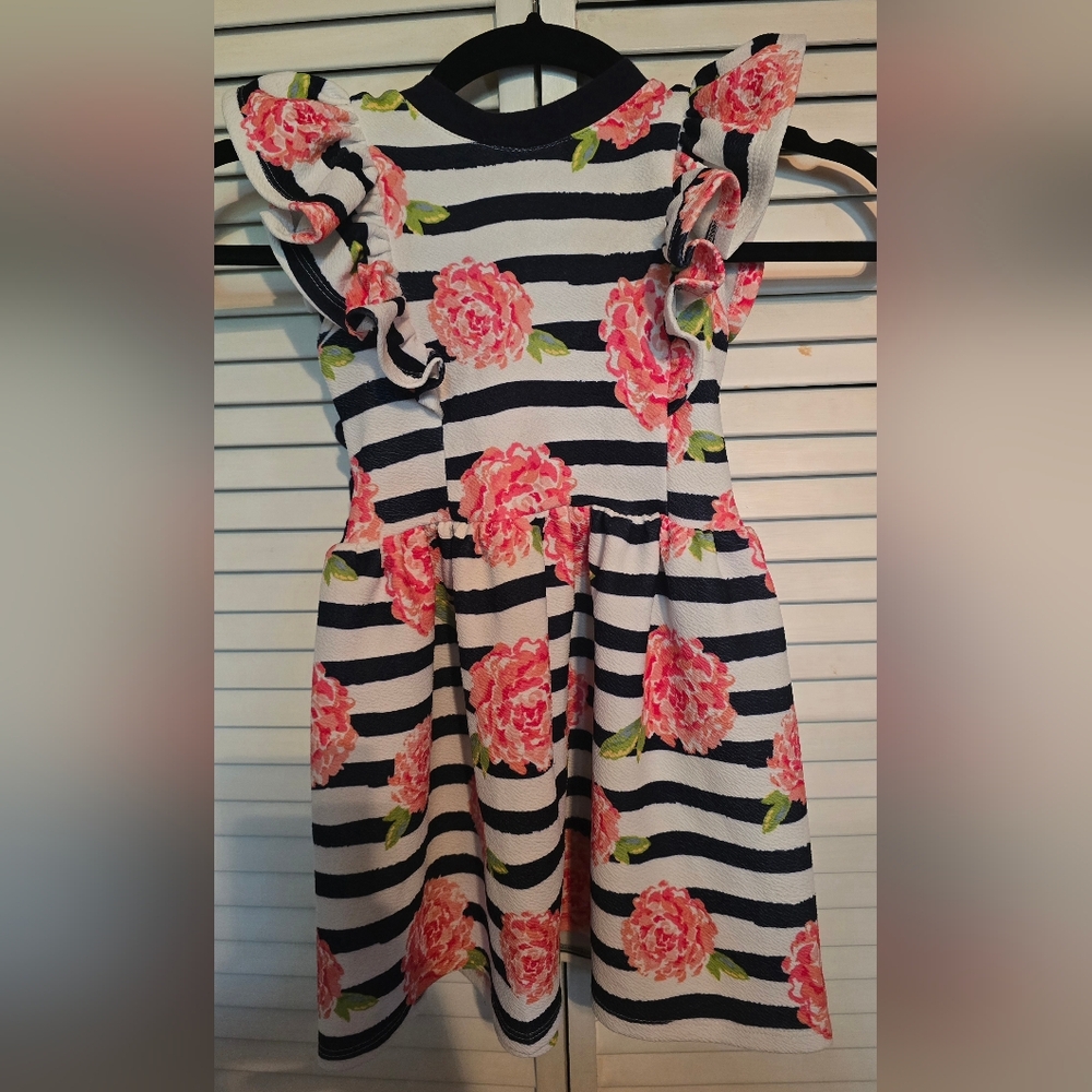 Bonnie Jean Navy Blue Striped Floral Dress